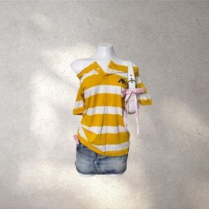 VTG Aeropostale A87 Yellow & White Striped Polo Off The Shoulder Shirt | Y2K Pre